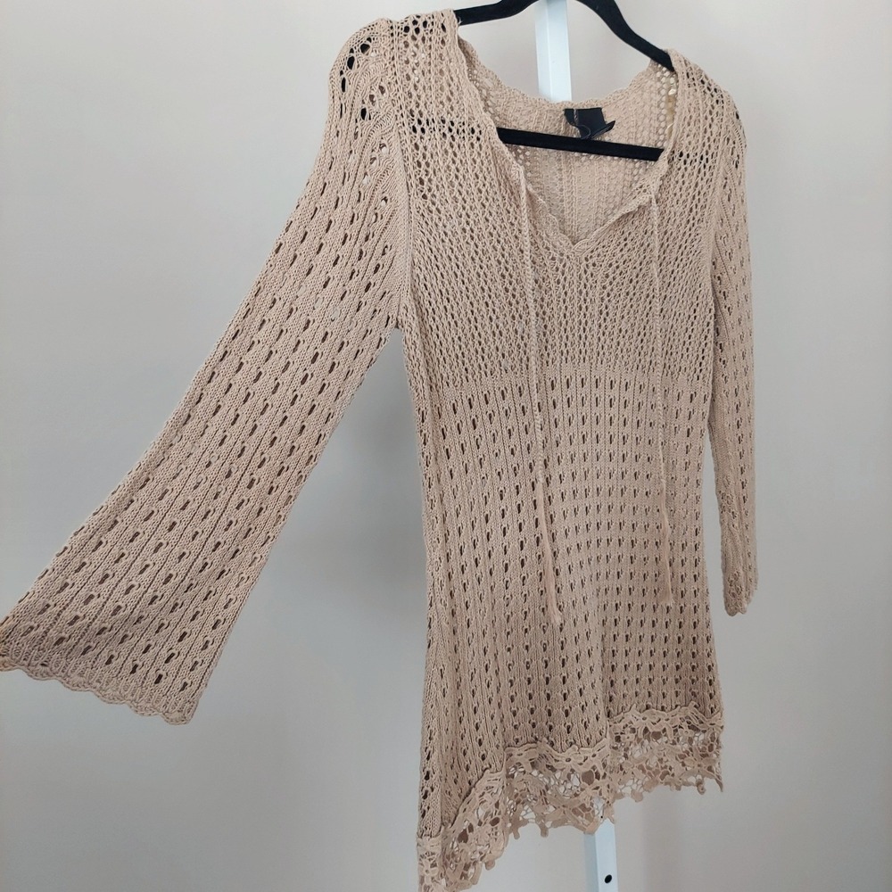 New Directions Tan Crochet Tunic Top Bell Sleeve Boho V-Neck S Festival Coastal